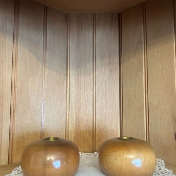 SOLD Myrtle Wood MCM Round Candle Holders Brass Inserts Taper Candleholders - Picture 2 of 5